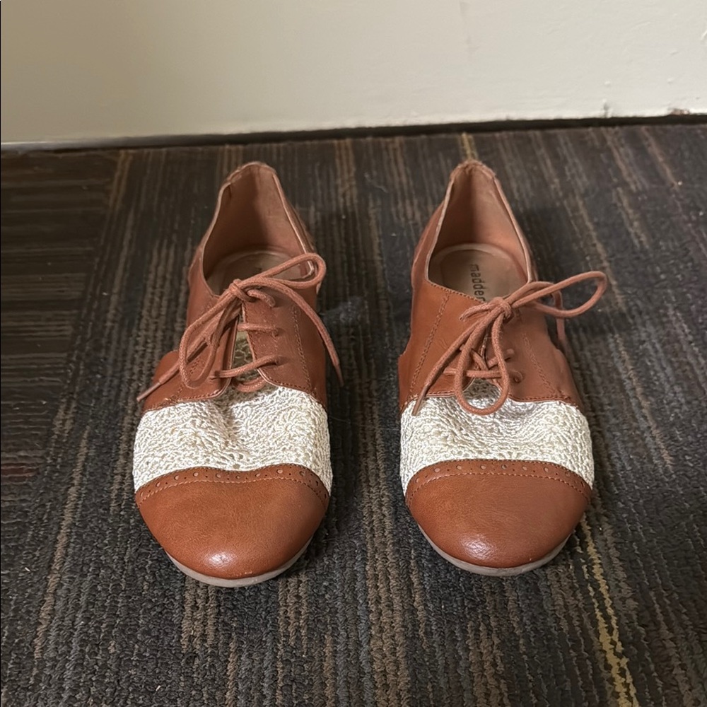 Brown and Cream Women's Lace-Up Shoes